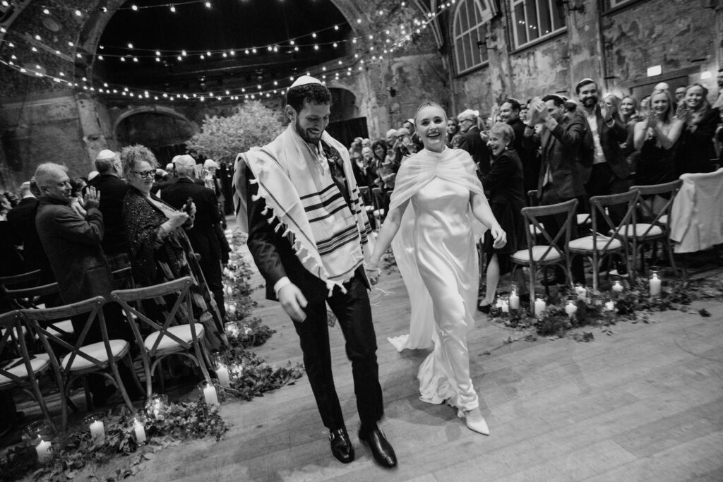 Freya & Simon's wedding at Battersea Arts Centre, planned by Mrs T Weddings, featured in British Vogue. Photography by Phill Taylor.
